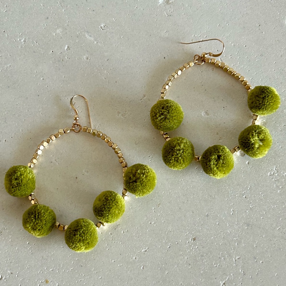 Gold Tone Green Pom-Pom Earrings
